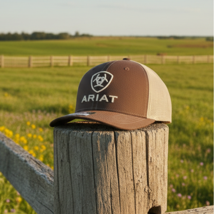 Image of A brown and beige trucker cap with the Ariat logo on the front, shown against a textured beige background with product text overlays.