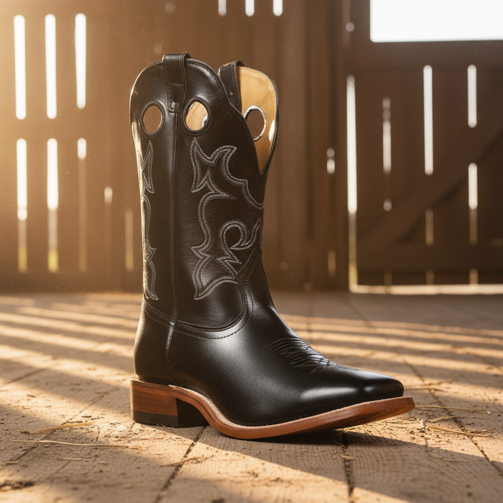 Image of Black cowboy boot with brown sole on a wooden floor