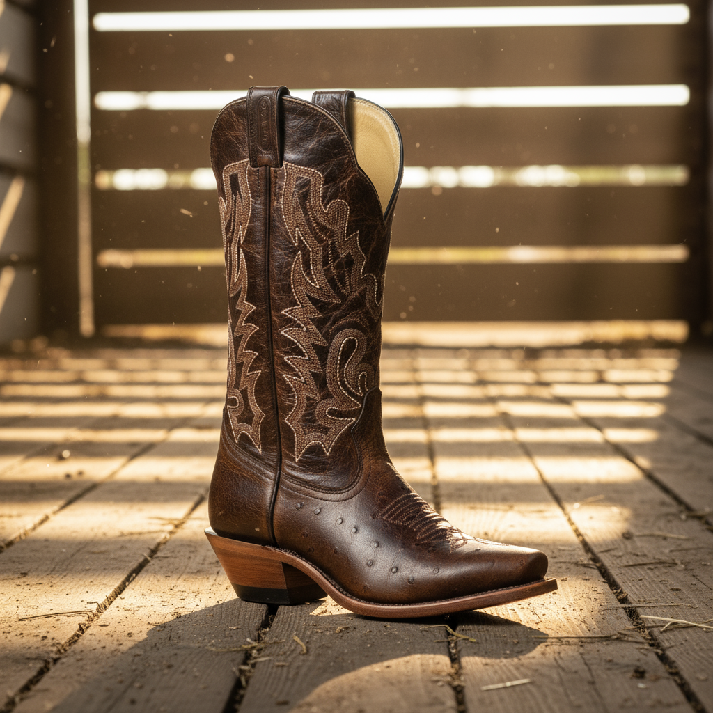 Image of Brown cowboy boot with intricate leatherwork on a wooden floor.