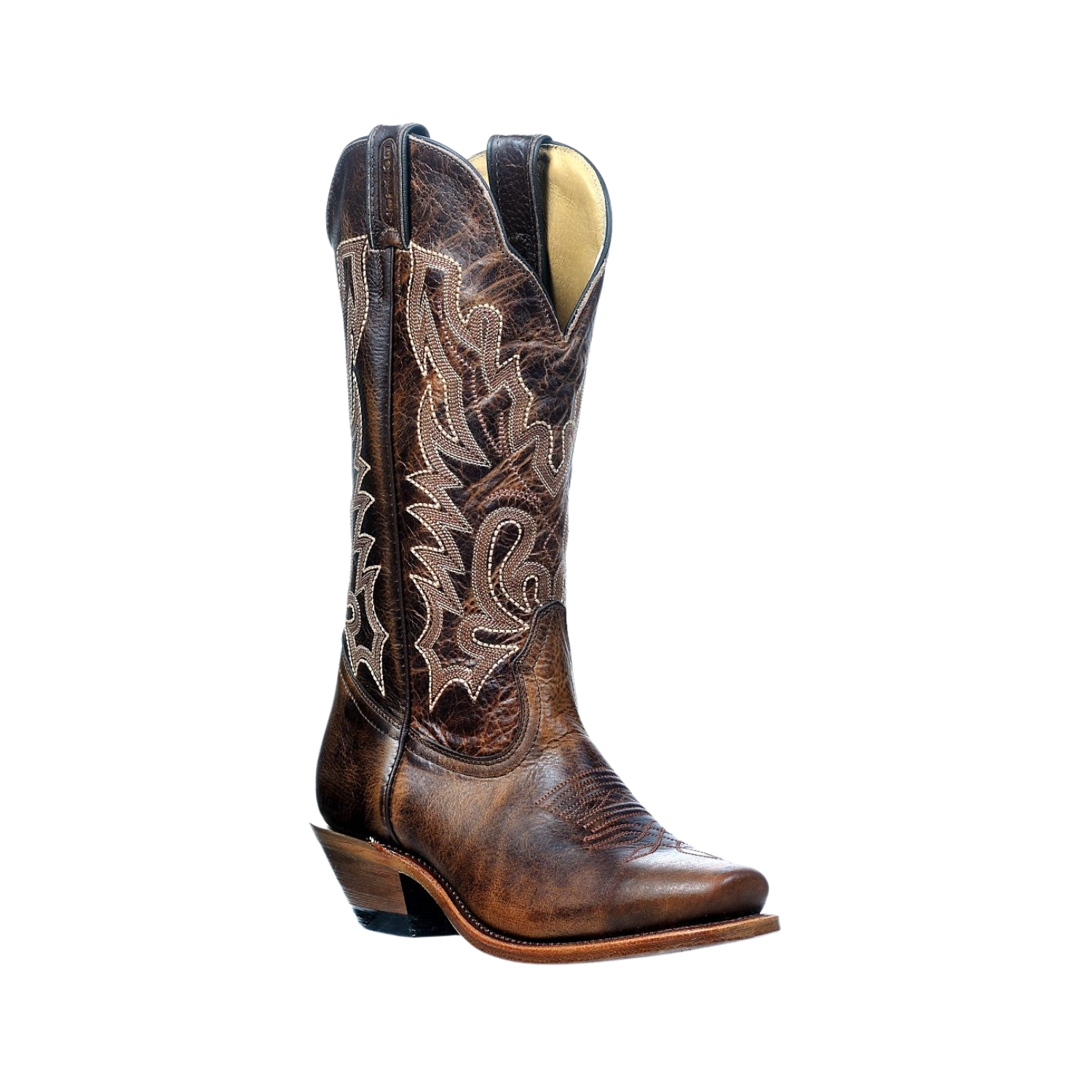 Image of Brown cowboy boot with intricate white embroidery on a white background