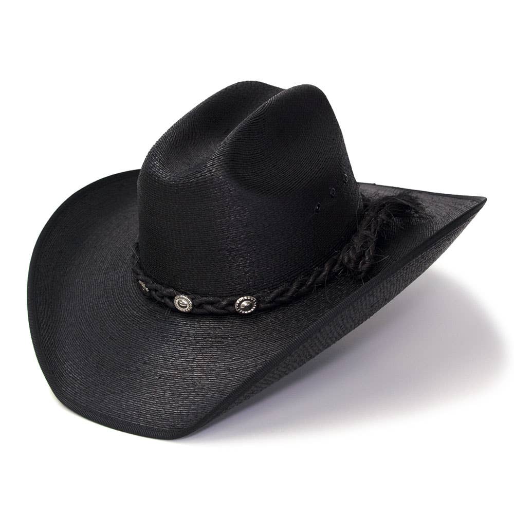 Image of Black Palm Straw Western Hat with Cattleman Crease and Upturned Brim
