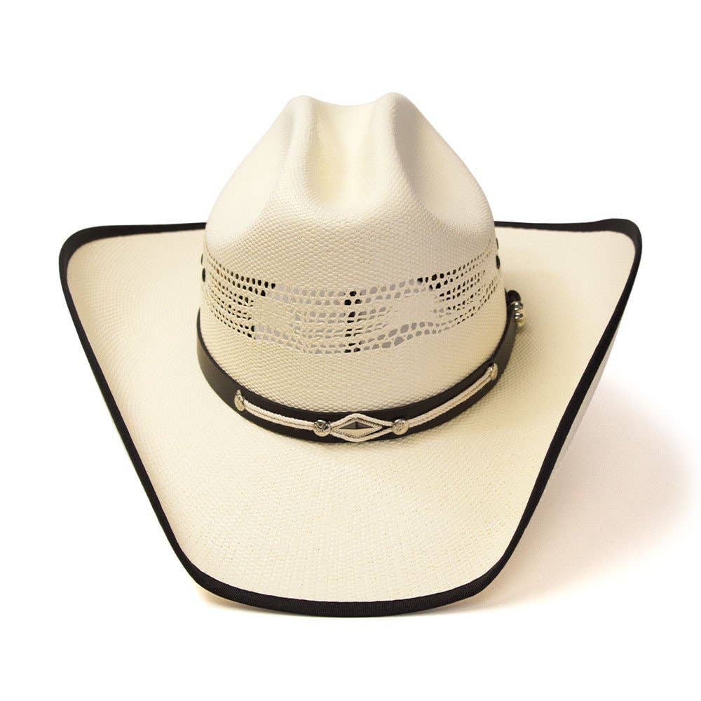 Image of Chapeau western en paille Bangora beige avec bordure noire et bandeau en cuir