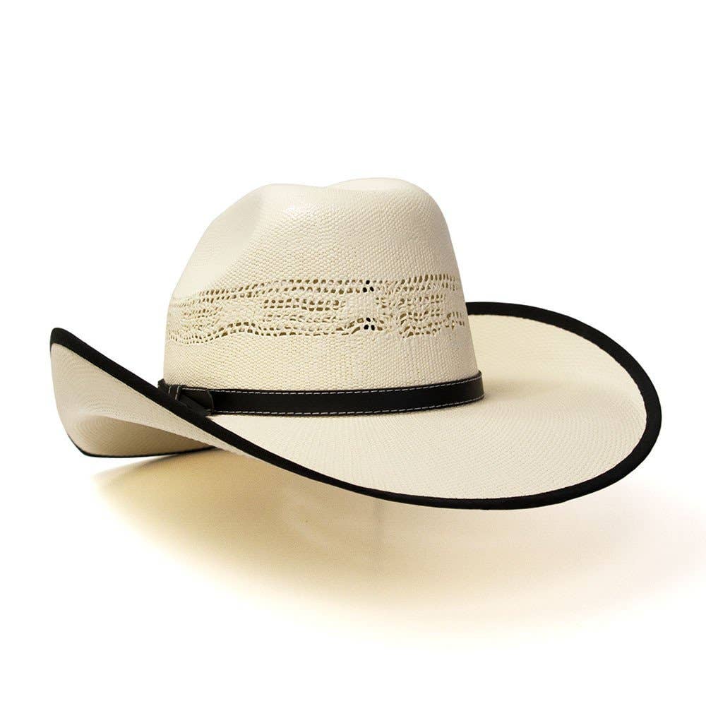 Image of Chapeau western en paille Bangora beige avec bordure noire et bandeau en cuir