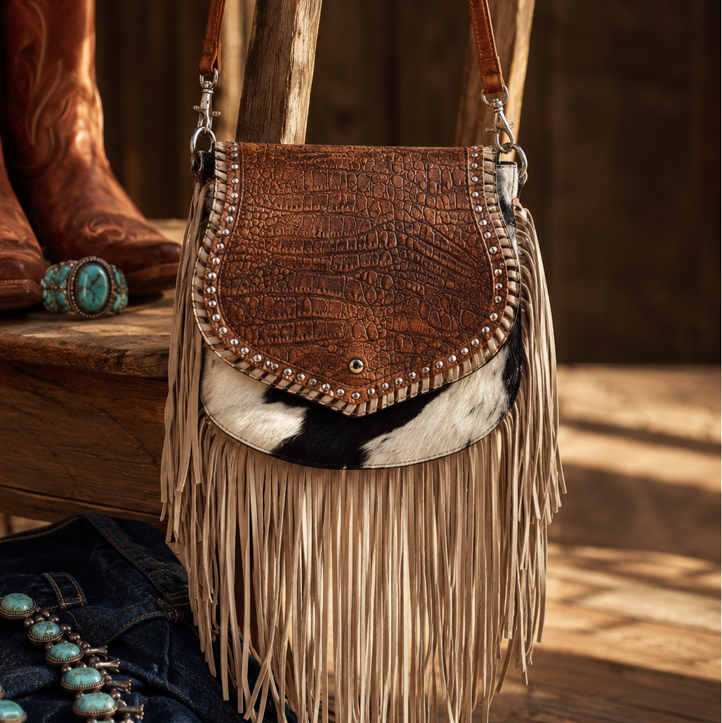 Image of Brown leather handbag with fringe on a wooden chair with cowboy boots and jewelry.