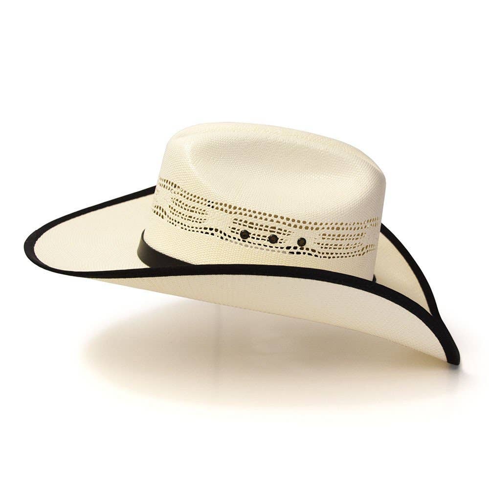 Image of Chapeau western en paille Bangora beige avec bordure noire et bandeau en cuir