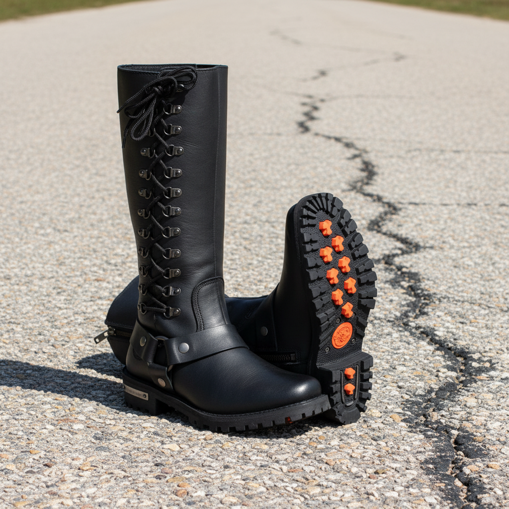 Image of Black leather boot with orange studs on a white background