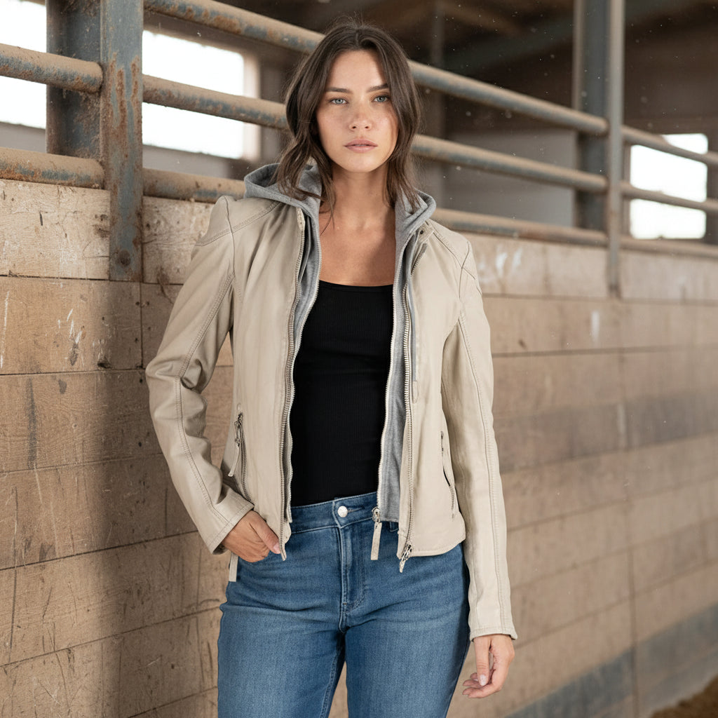 Image of Woman wearing a beige jacket with a hood on a white background