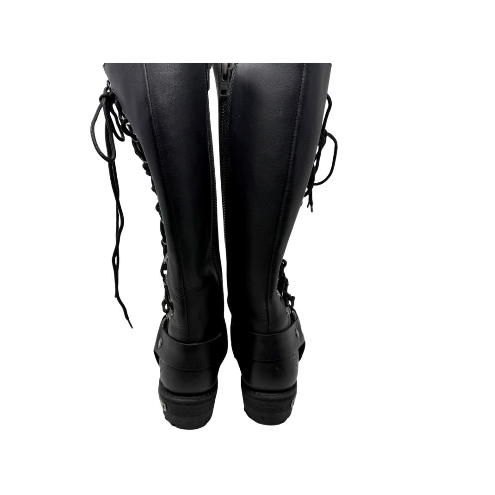 Image of Black knee-high boots with lace-up design on a white background