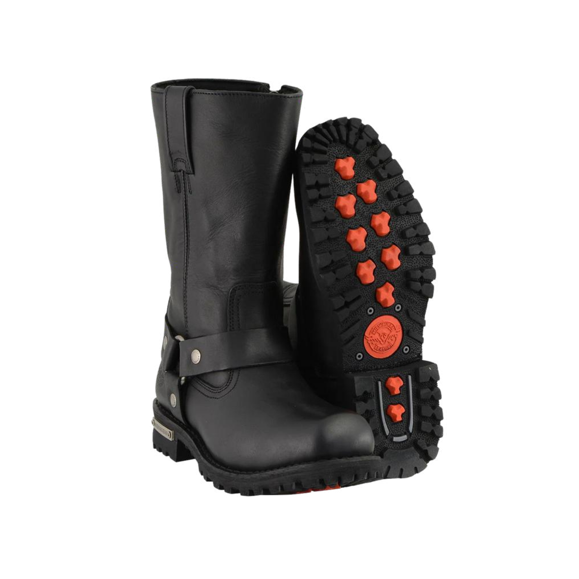 Image of Black leather boot with orange studs on a white background