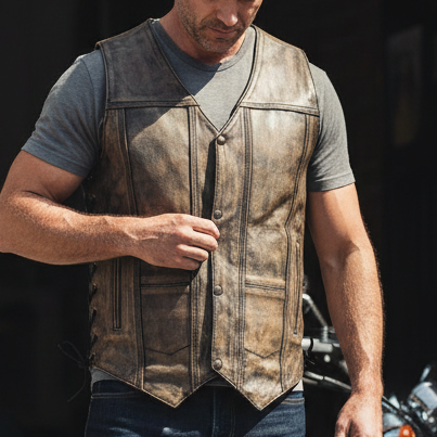 Image of Man in a leather vest and jeans standing next to a motorcycle in an urban setting