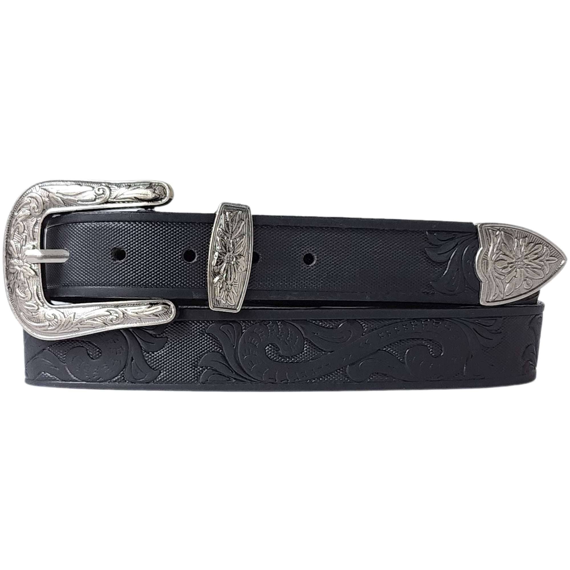 Image of Black leather belt with silver buckle and floral embossing on a white background