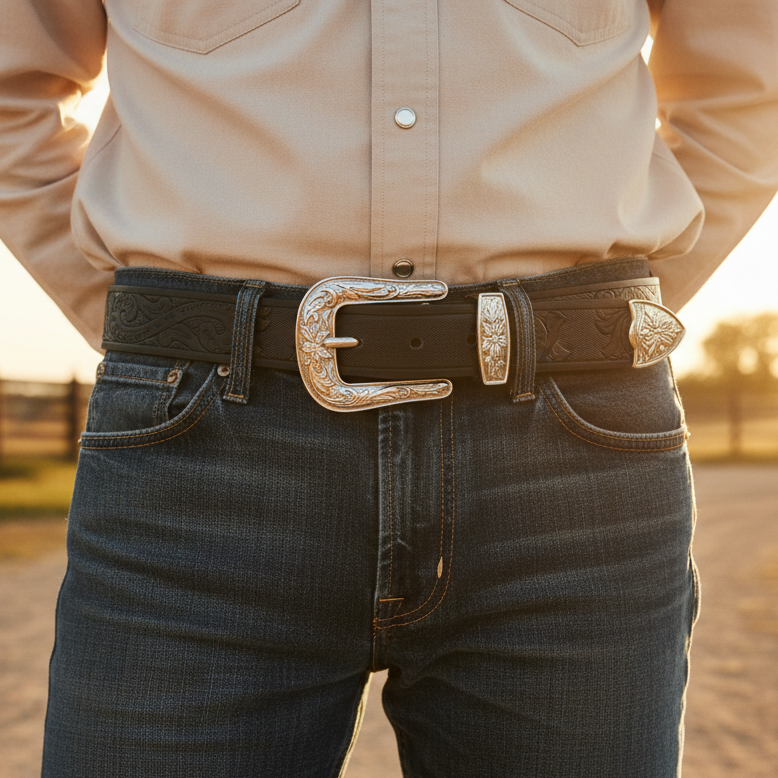 Image of Person wearing a beige shirt and dark jeans with a large belt buckle in front of a barn.
