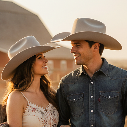 Image of Couple wearing cowboy hats and smiling at each other outdoors.