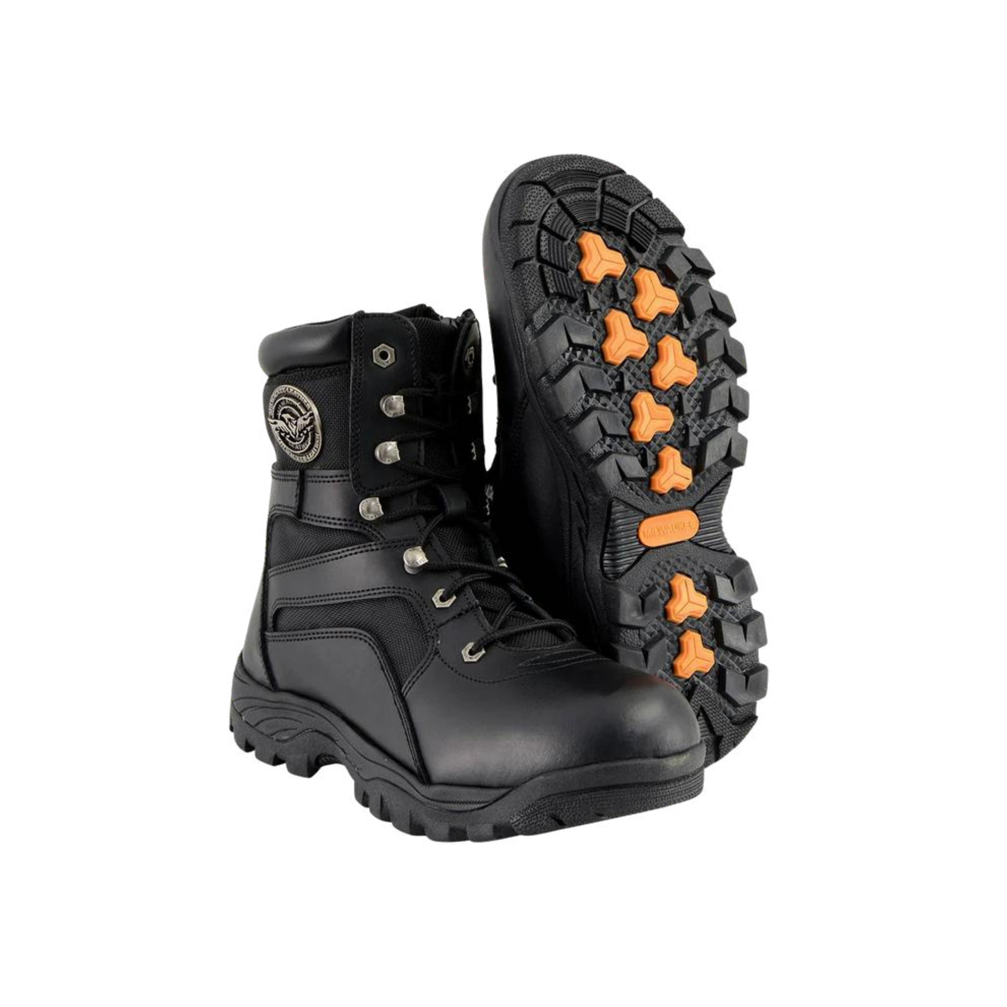 Image of Black boots with orange accents on a white background