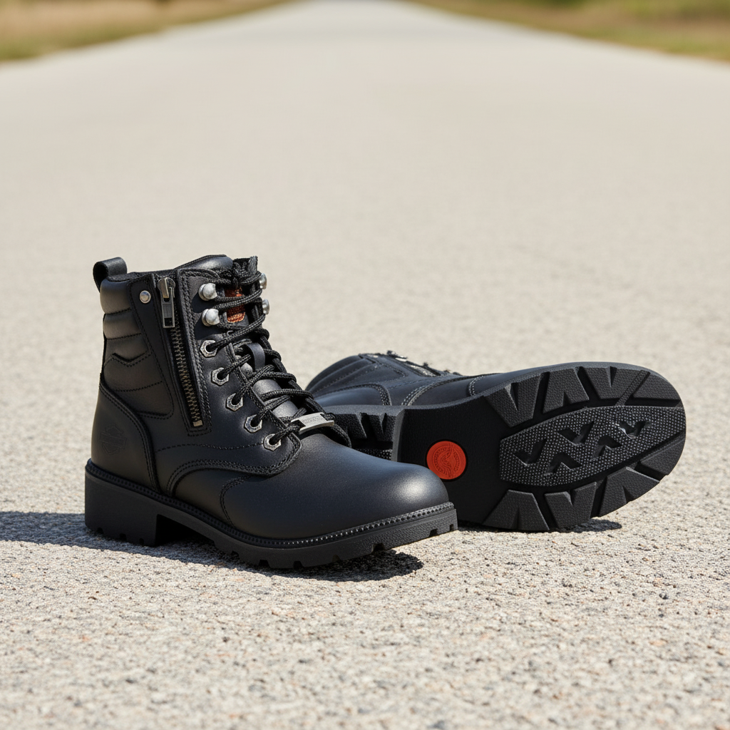 Image of Black boots with a red sole on a gravel surface