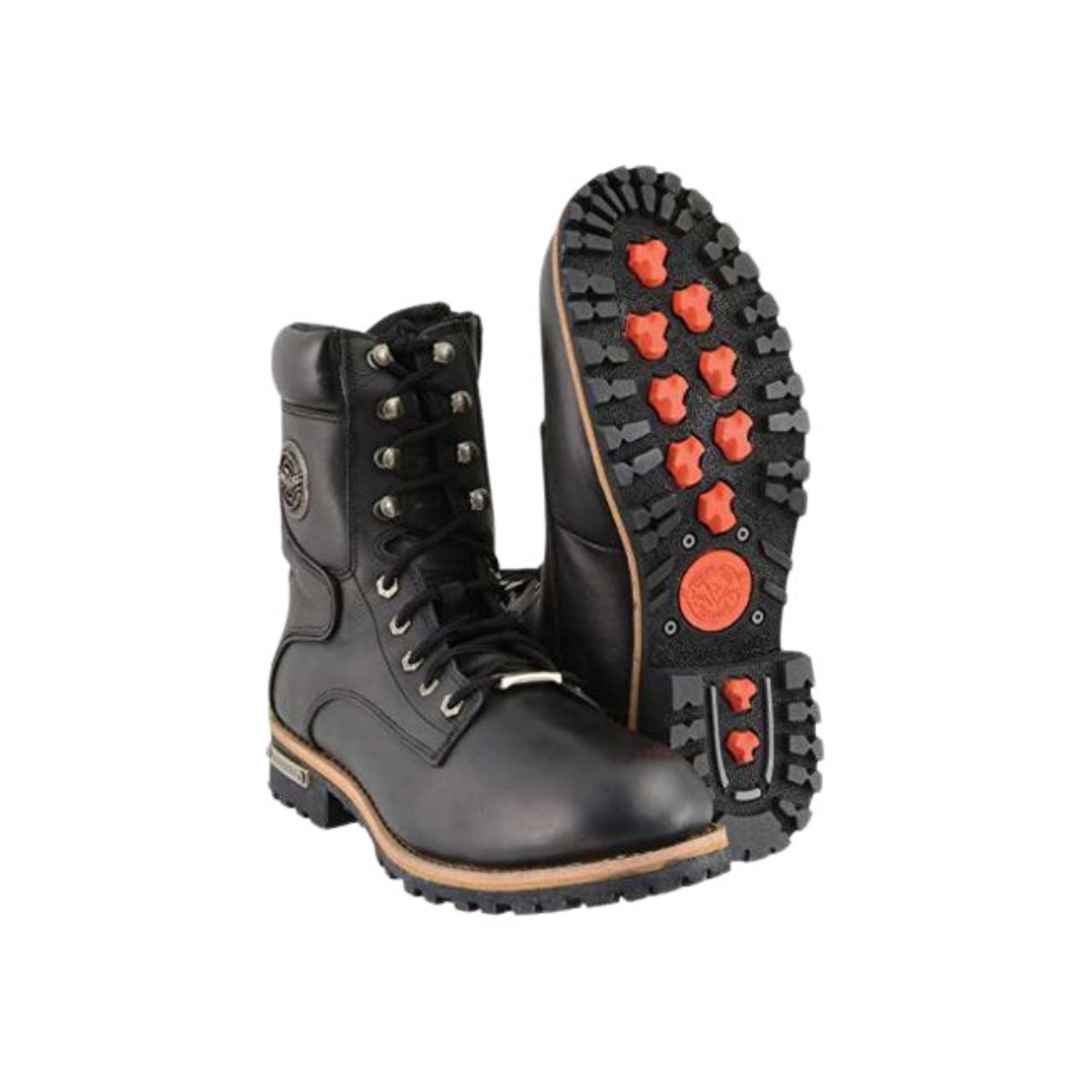 Image of Black boots with red sole pattern on a white background