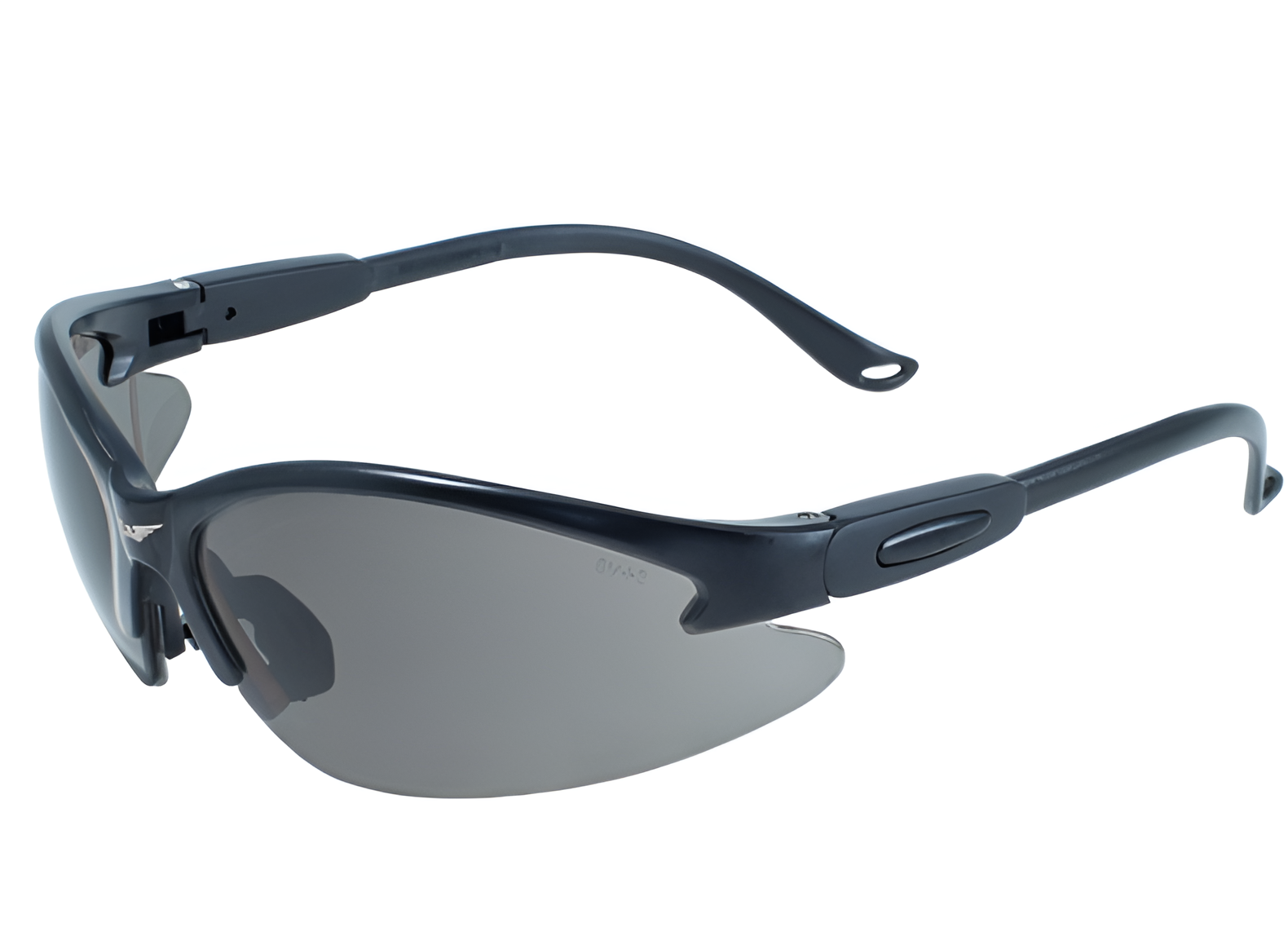 Image of Black safety glasses with gray lenses on a white background