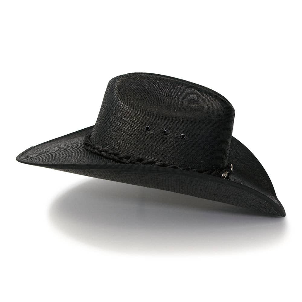 Image of Black Palm Straw Western Hat with Cattleman Crease and Upturned Brim
