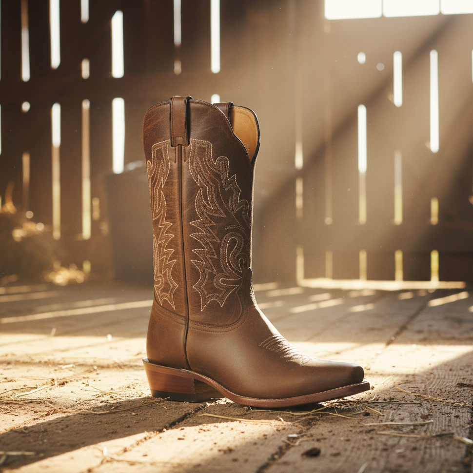 Image of Brown cowboy boot with intricate white stitching on a wooden floor with sunlight filtering through.