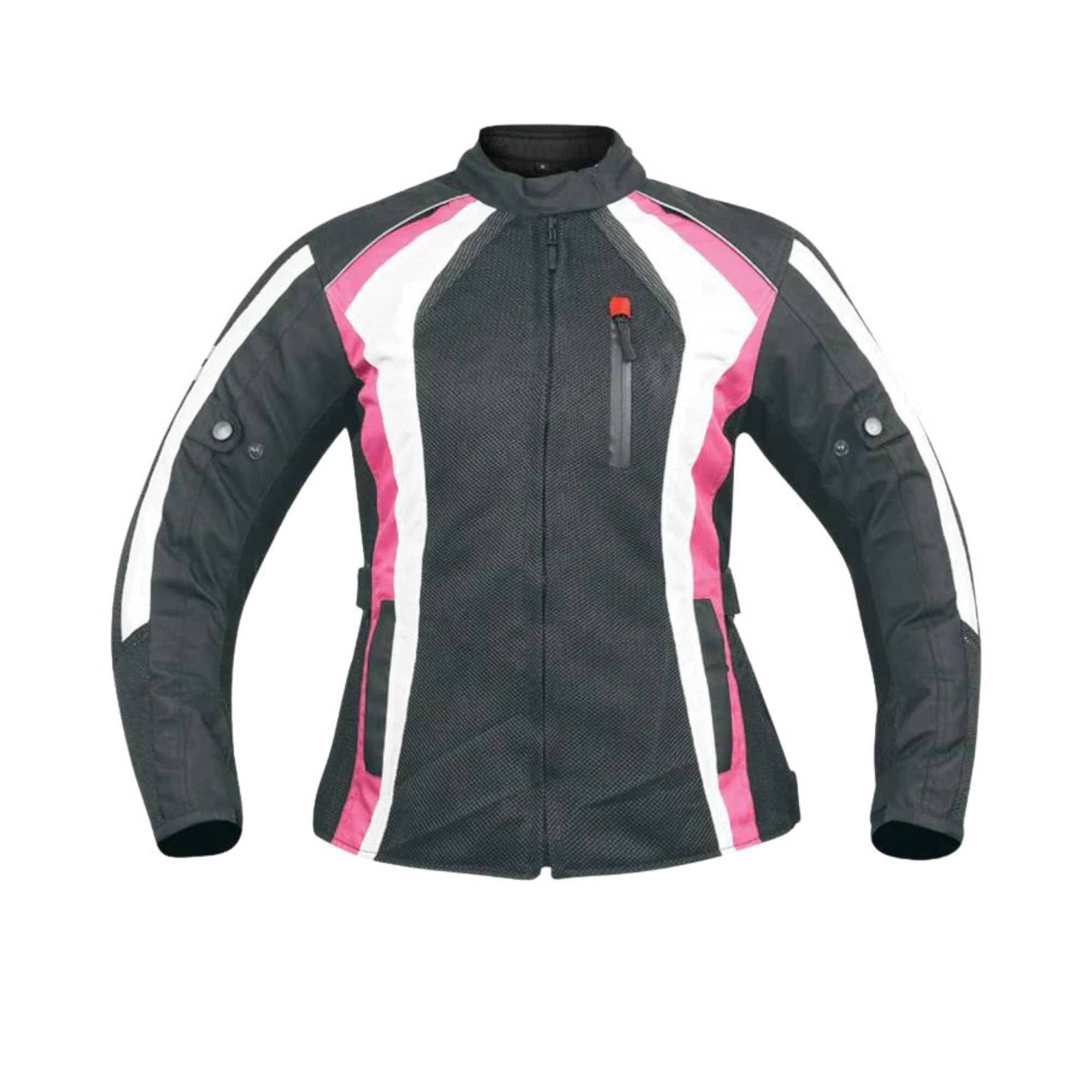 Image of Black, white, and pink motorcycle jacket on a white background