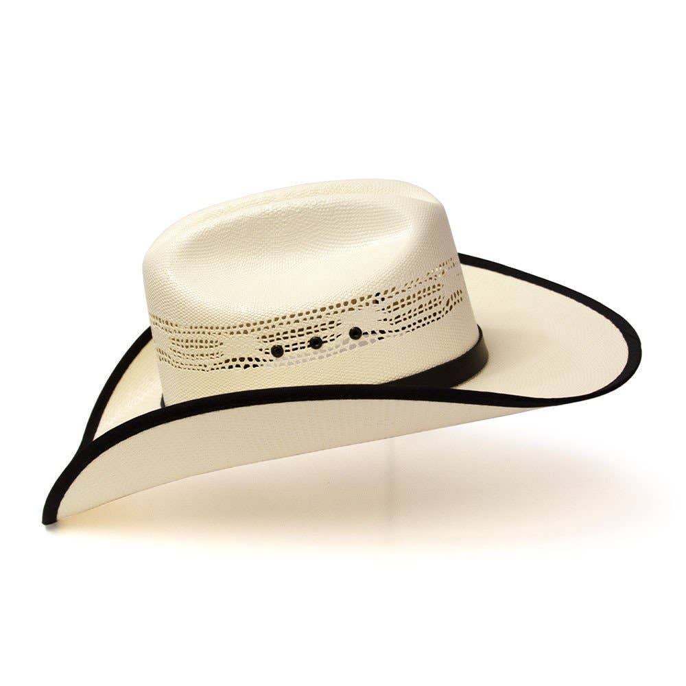 Image of Chapeau western en paille Bangora beige avec bordure noire et bandeau en cuir