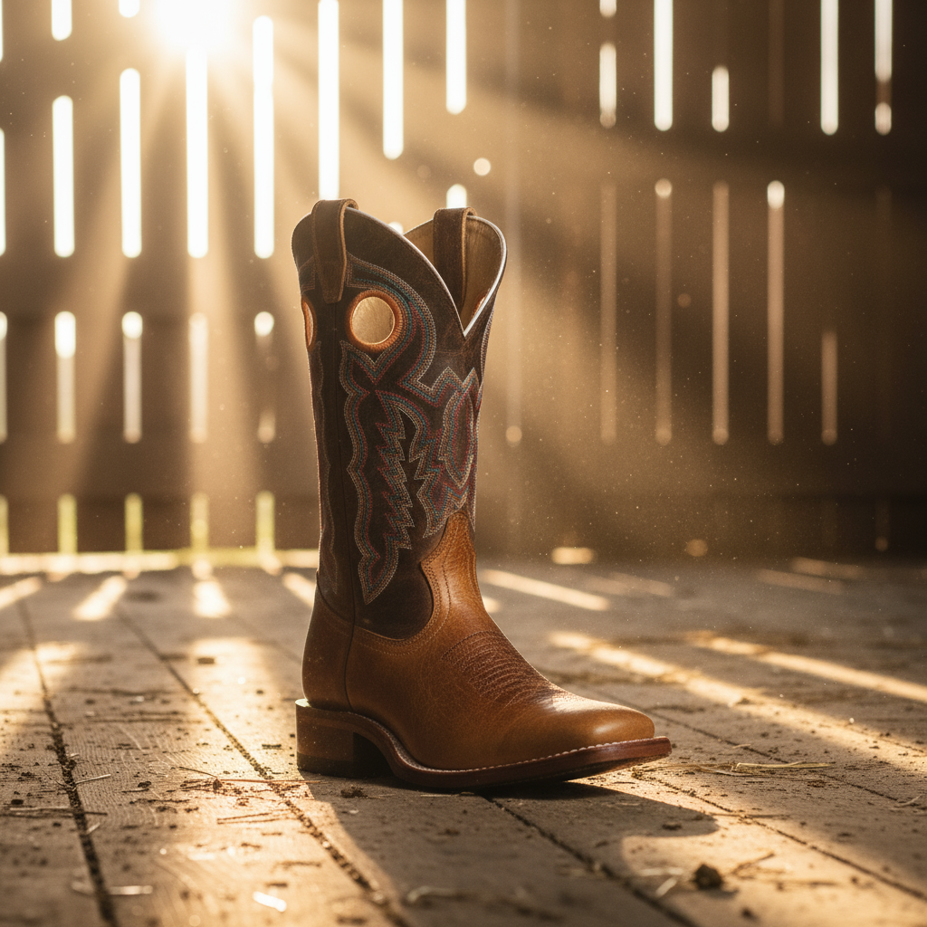 Image of Brown cowboy boot on a wooden floor with sunlight filtering through slats