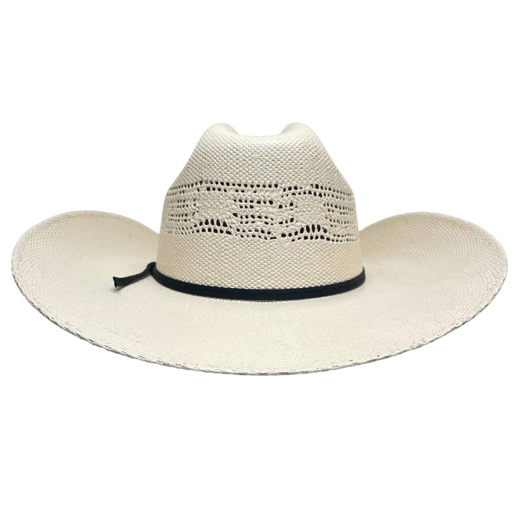 Image of White straw hat with a black band on a white background