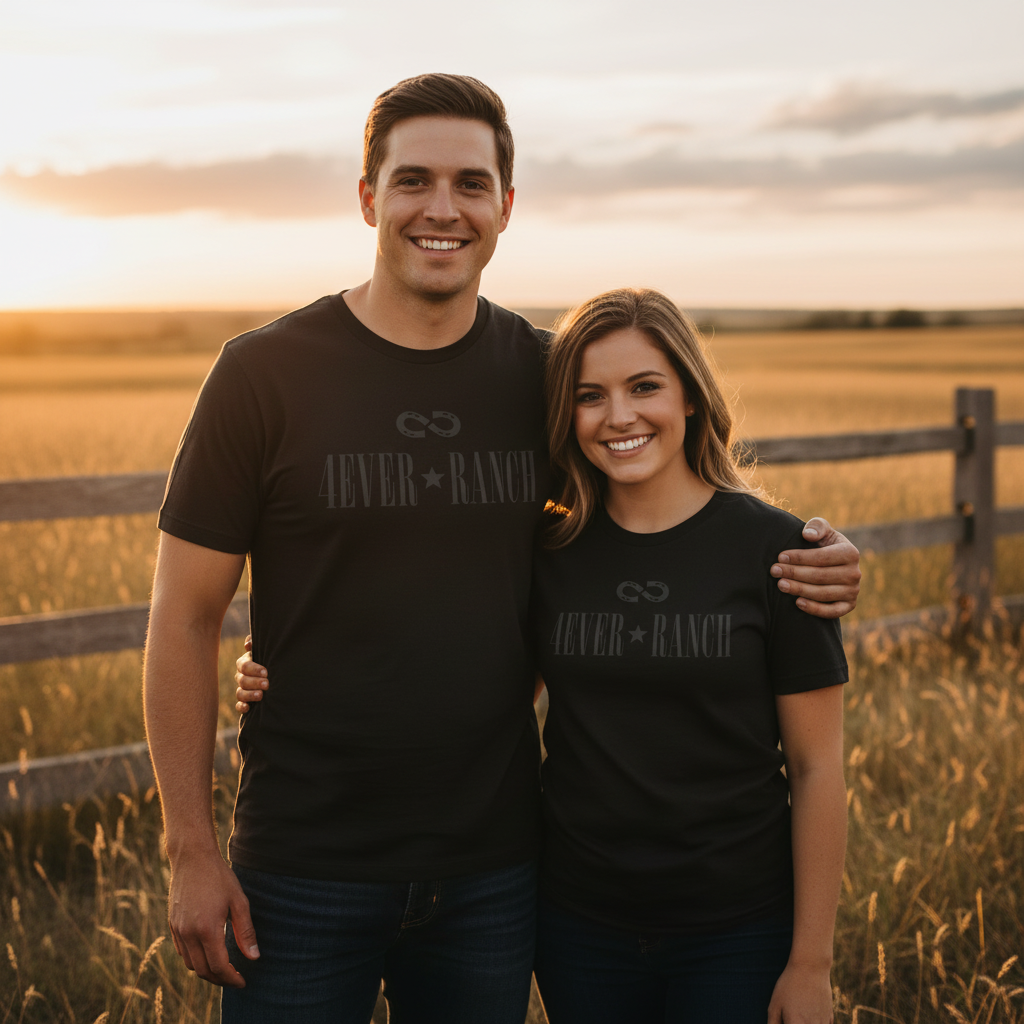 Image of A smiling man and woman standing together in a field at sunset, both wearing matching black T-shirts with a gray infinity symbol and the words '4EVER * RANCH' printed across the chest.