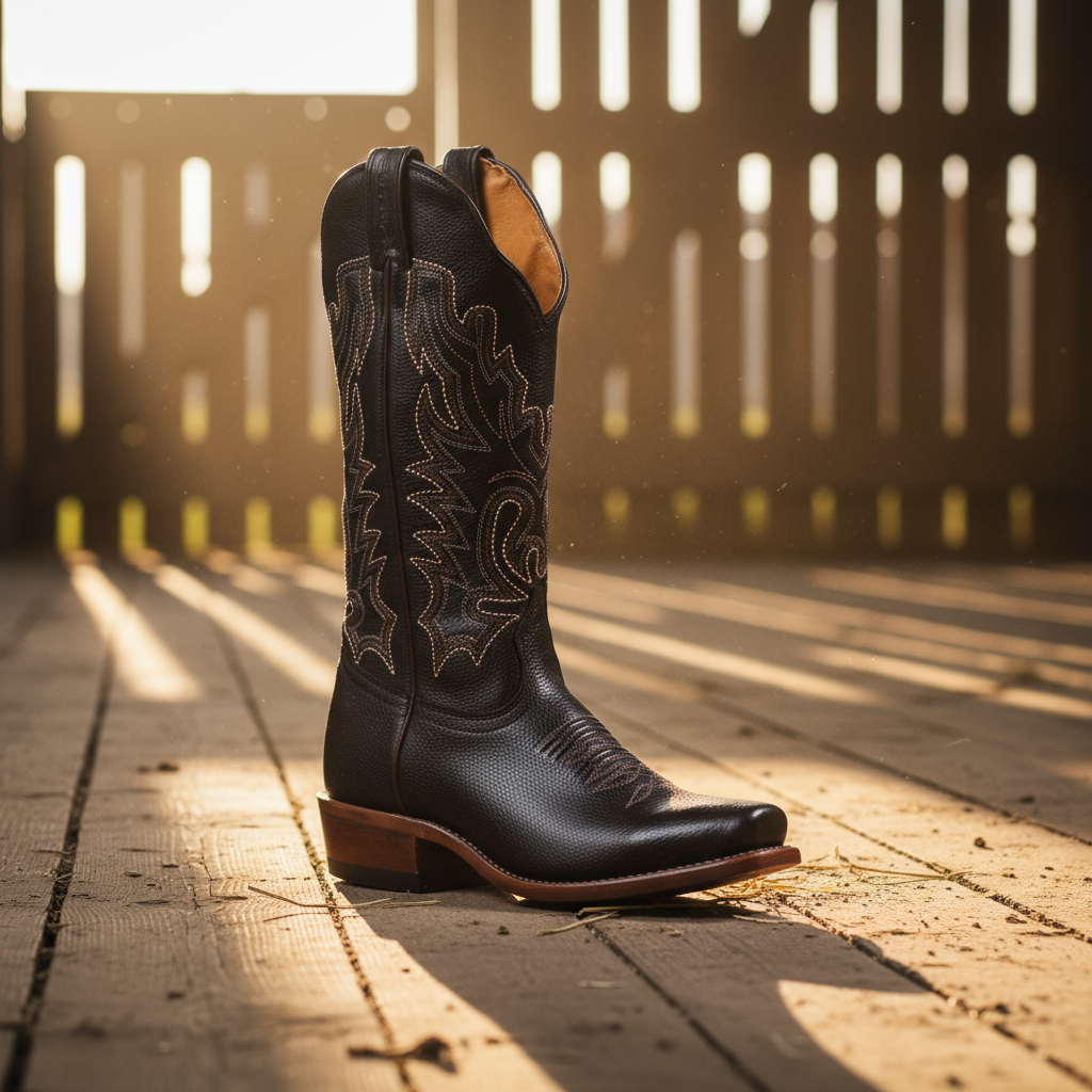 Image of Black cowboy boot with intricate stitching on a wooden floor with sunlight filtering through slats.