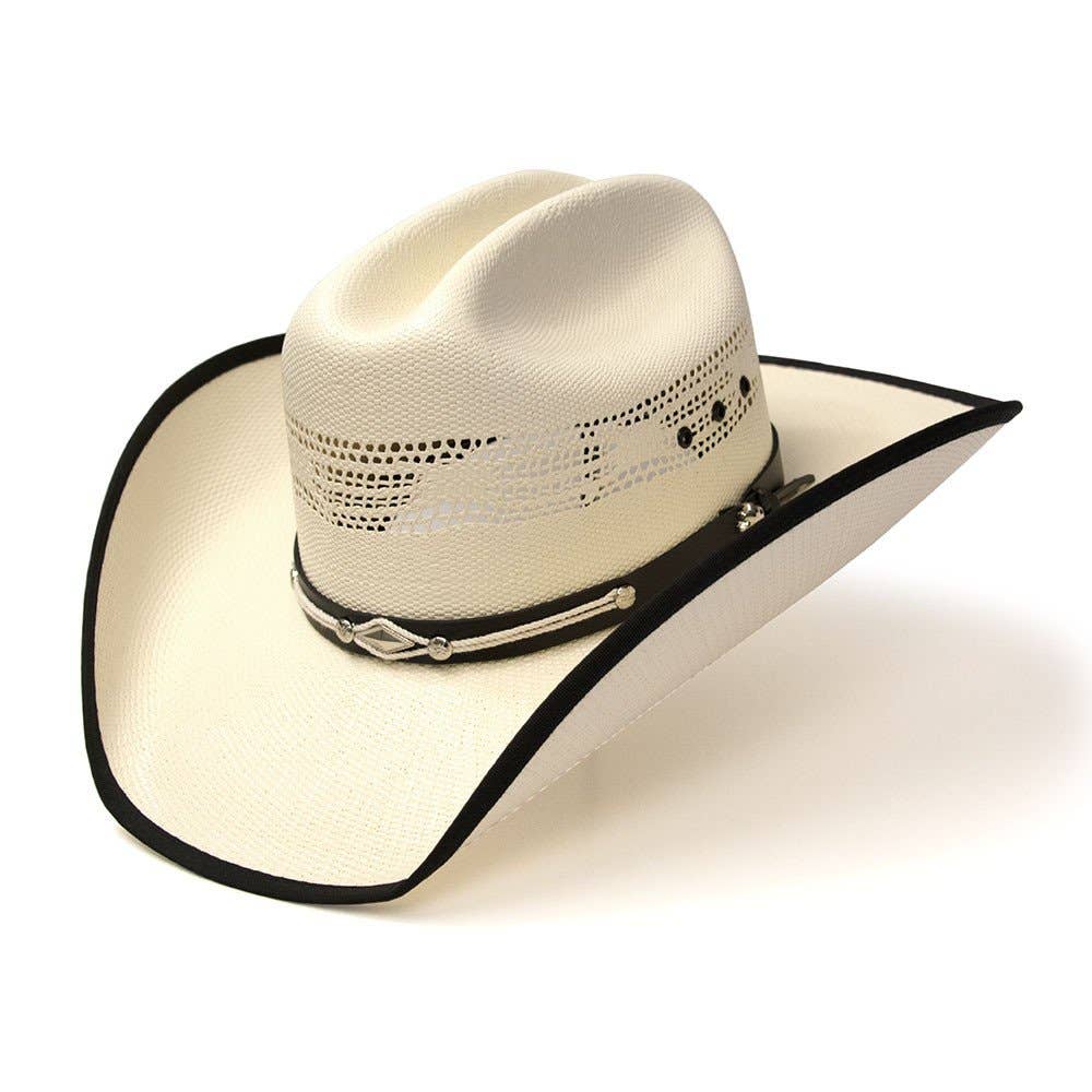 Image of Chapeau western en paille Bangora beige avec bordure noire et bandeau en cuir