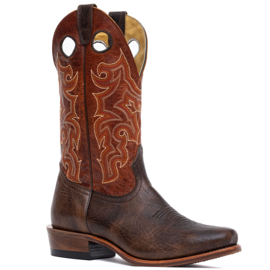 Image of Brown cowboy boot with intricate stitching on a white background