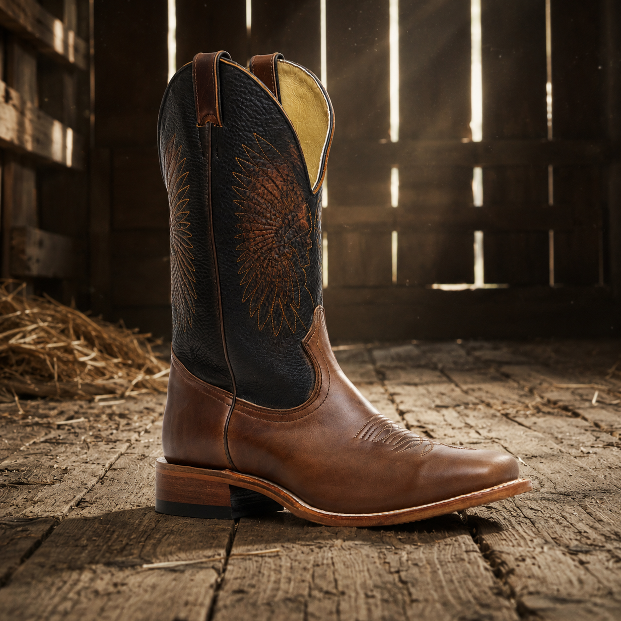 Image of Brown cowboy boot with black leather lining on a wooden floor in a barn setting