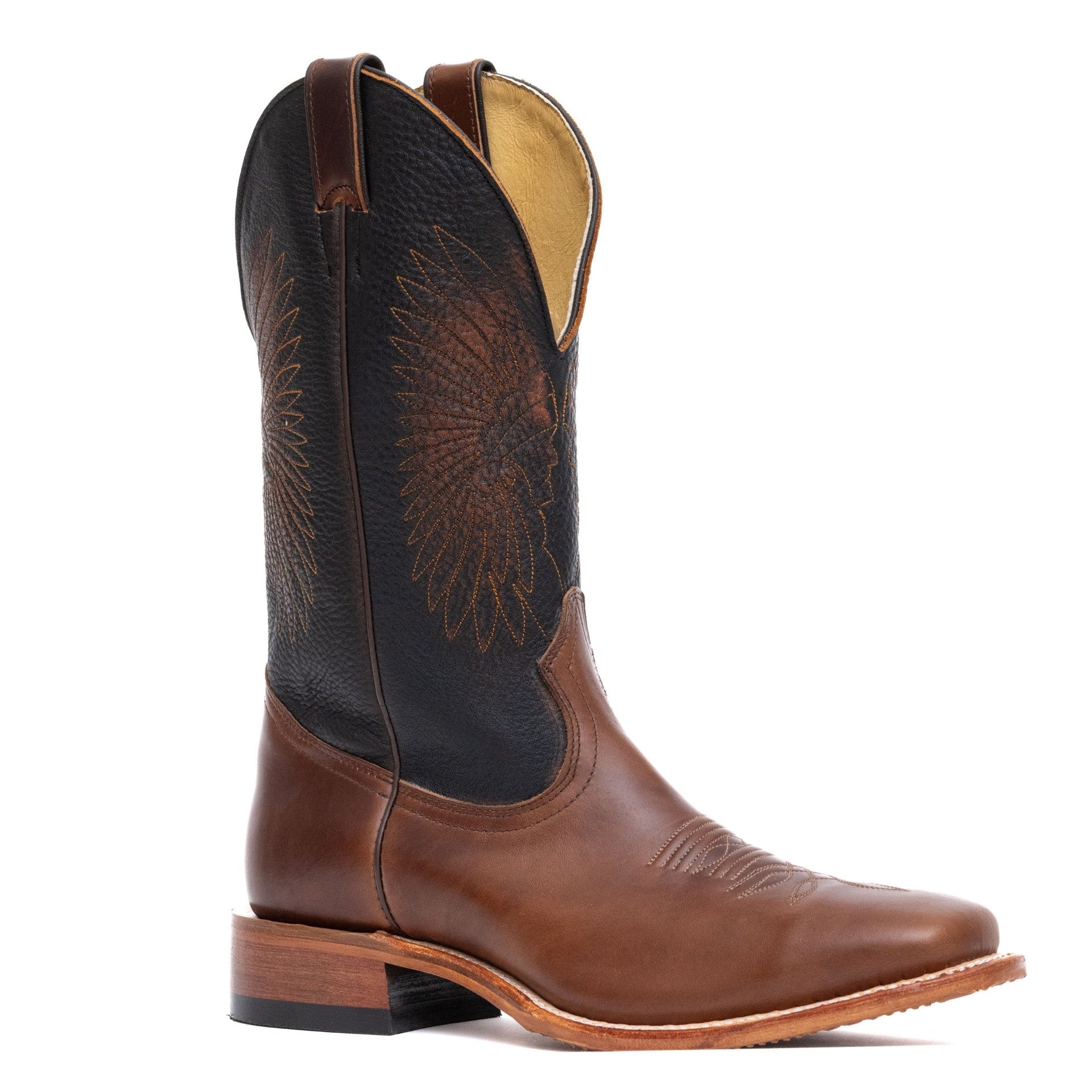 Image of Brown cowboy boot with black interior on a white background