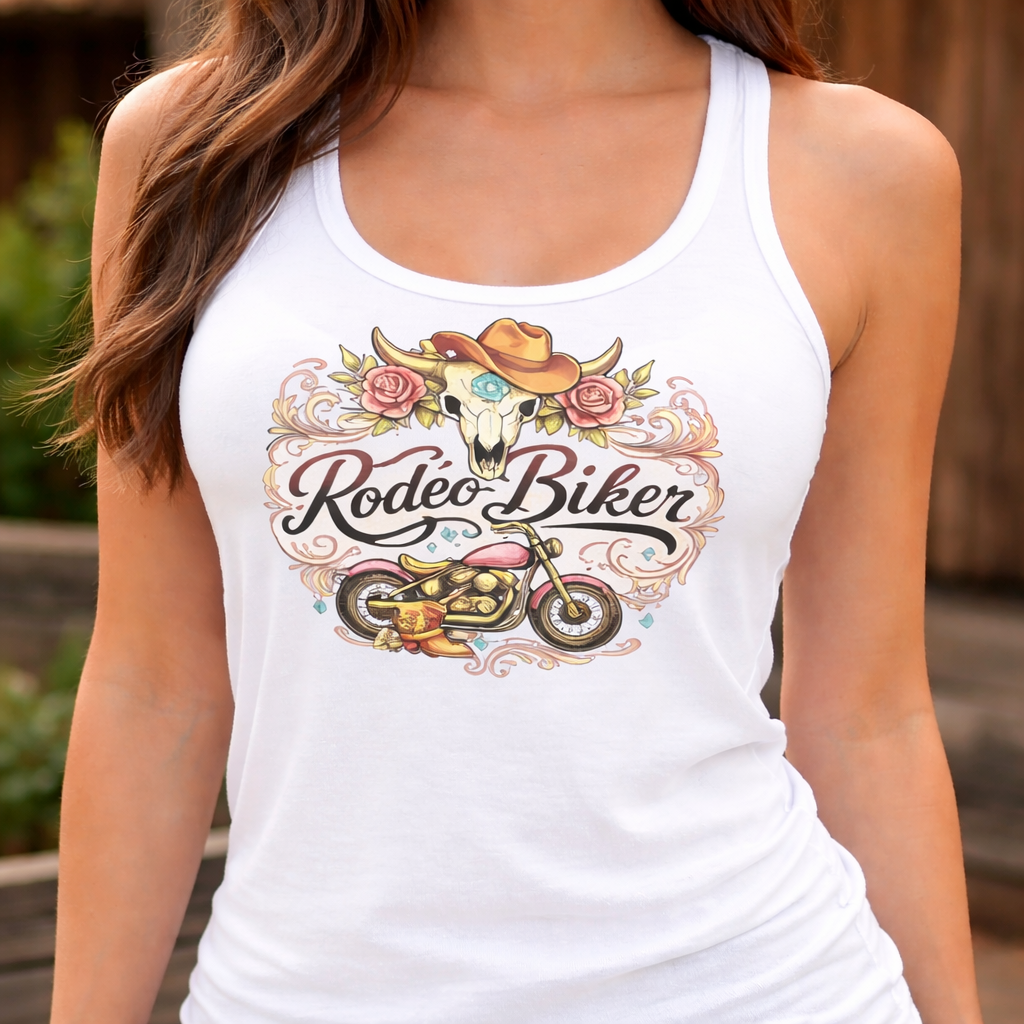 Image of White tank top with 'Rodeo Biker' design featuring a skull, cowboy hat, and motorcycle.