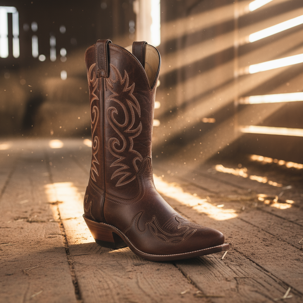 Image of Brown cowboy boot with intricate designs on a white background