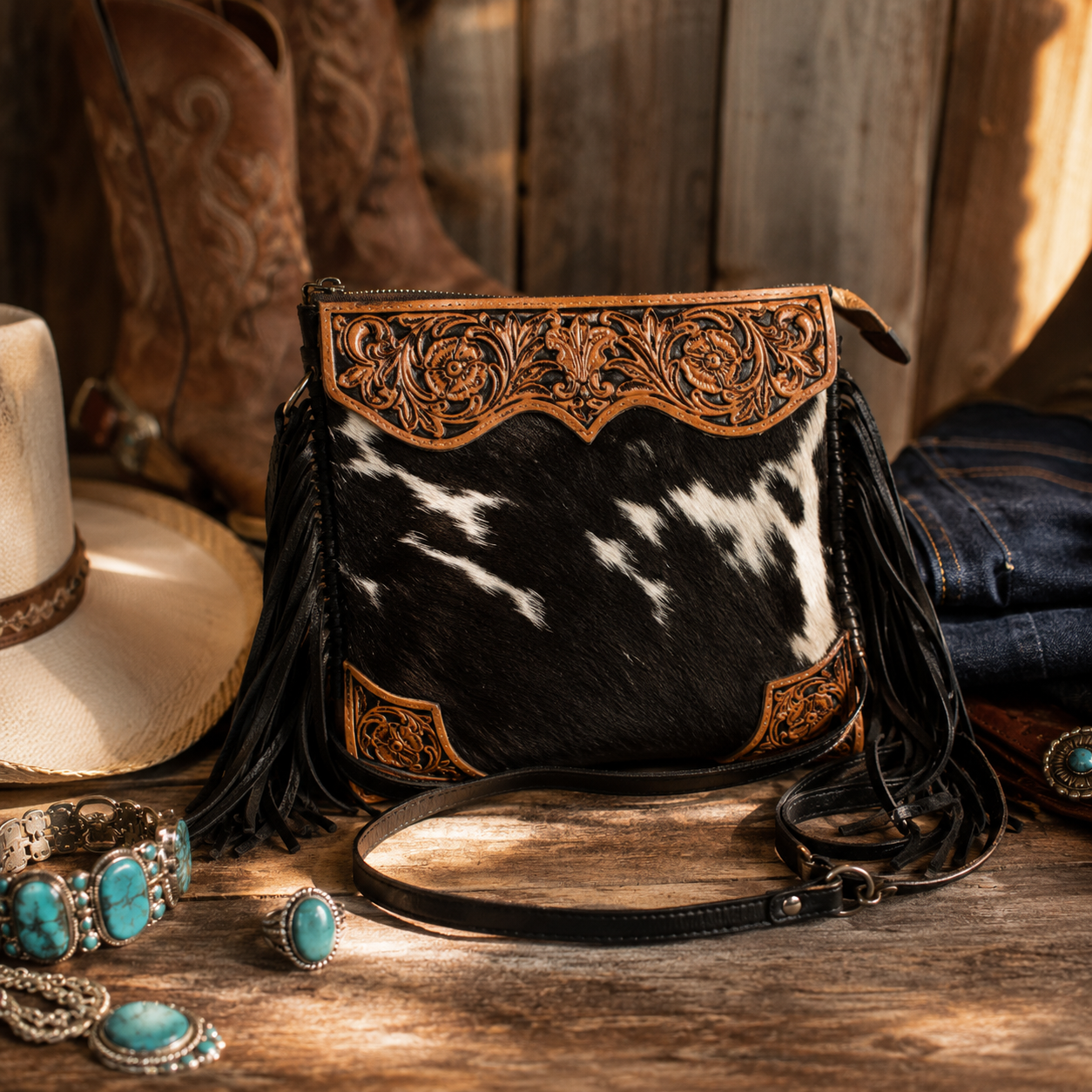 Image of Tumbleweed Trail Hair-On Leather Fringe Crossbody Bag