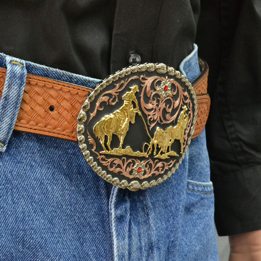 Image of Montana Silversmiths Tri Color Team Roper Attitude Belt Buckle - 60969, worn