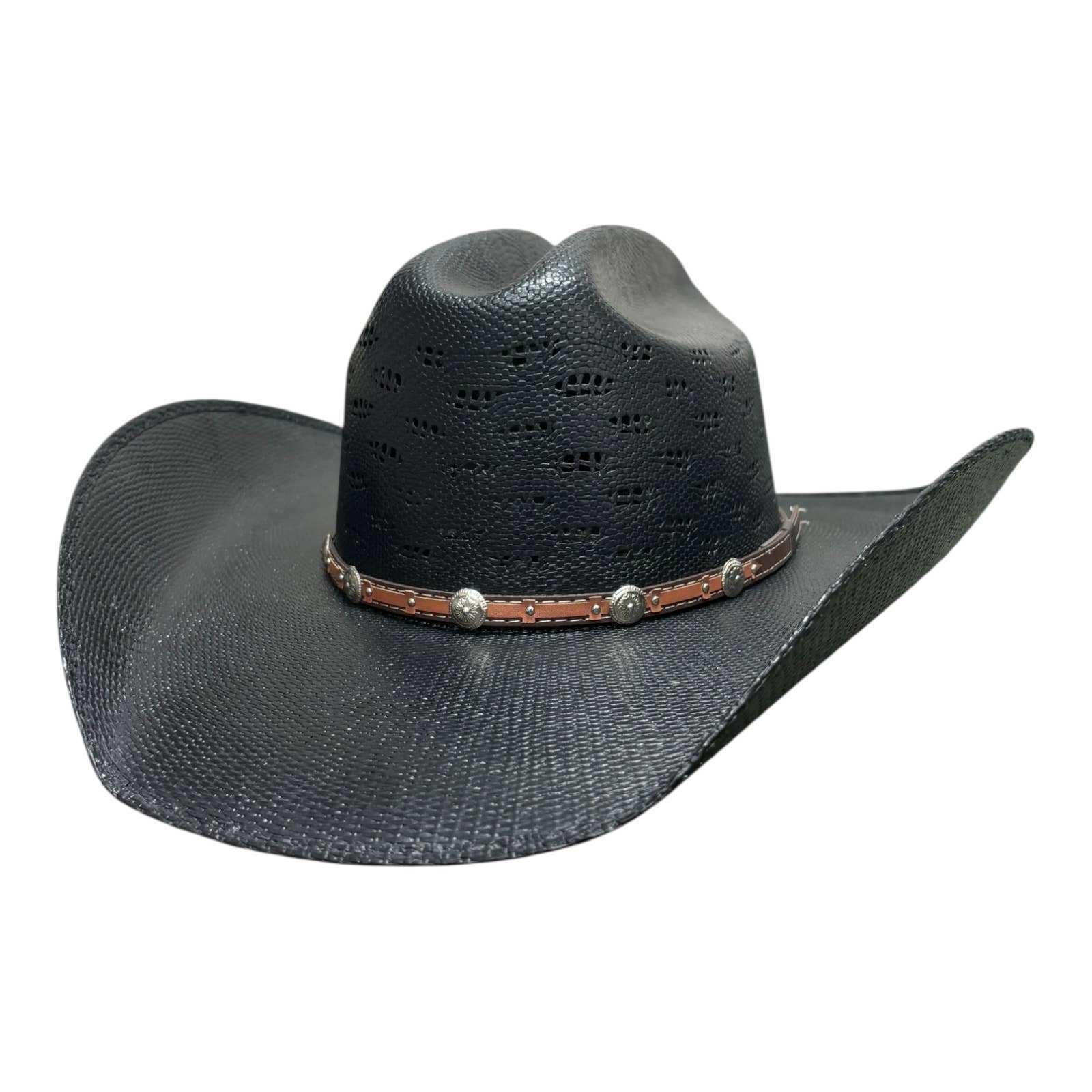 Image of Black cowboy hat with a brown band and silver studs on a white background