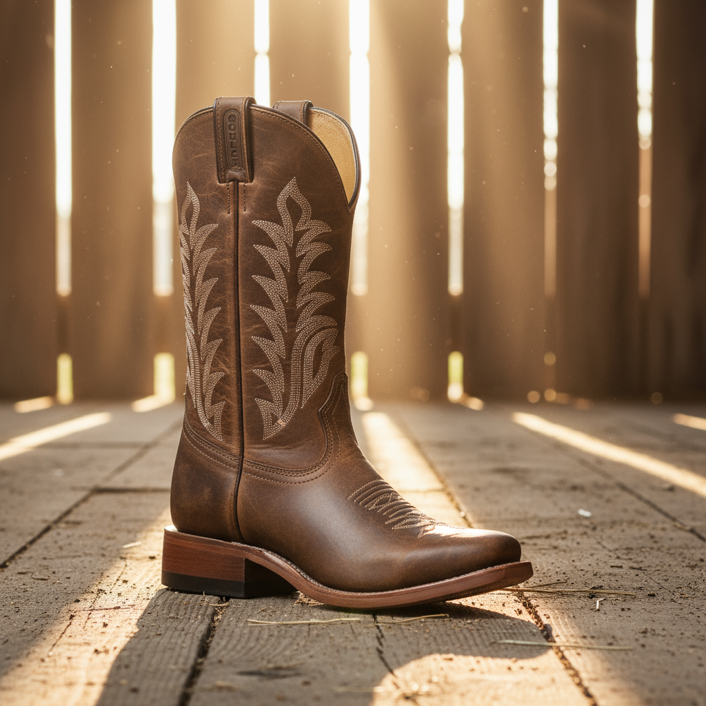 Image of Brown cowboy boot with intricate design on a wooden surface with sunlight filtering through vertical slats.