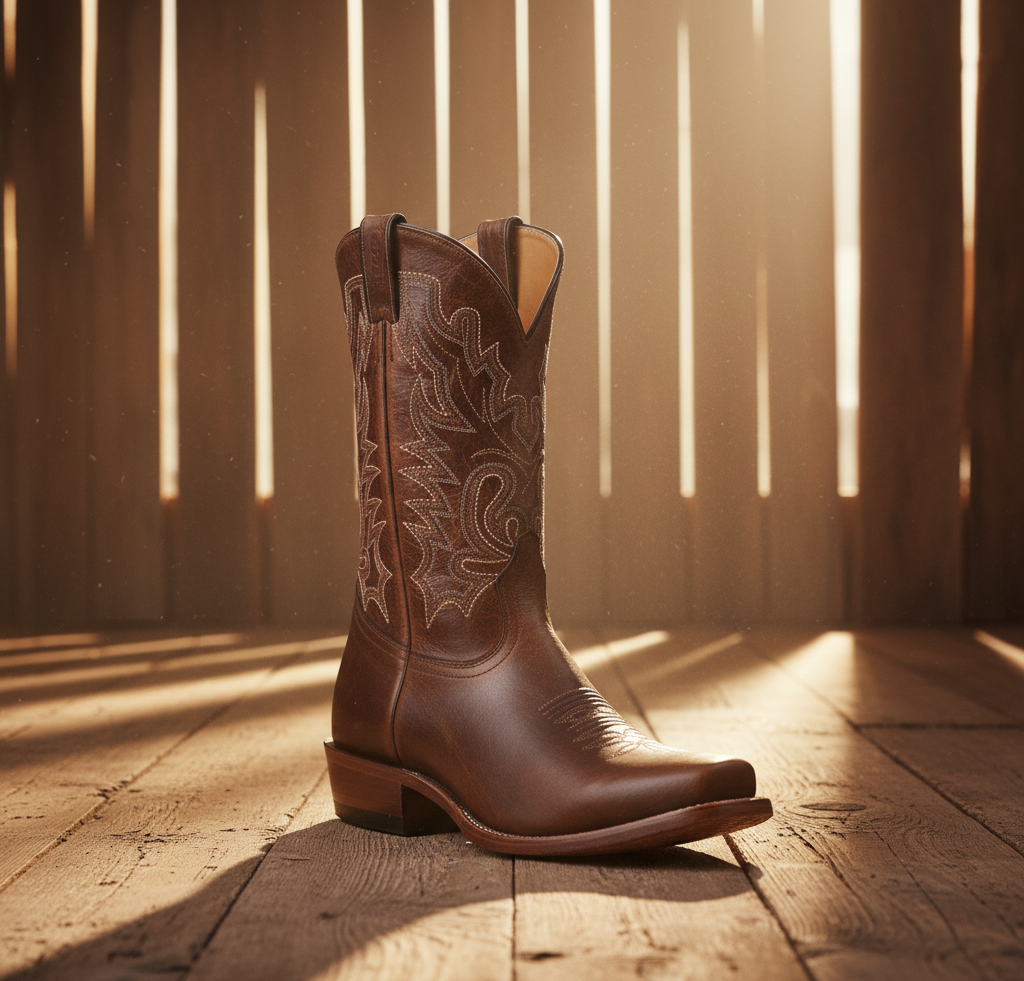 Image of A single brown leather cowboy boot with decorative western embroidery on the shaft, standing on a rustic wooden floor in warm sunlight with vertical slat shadows.