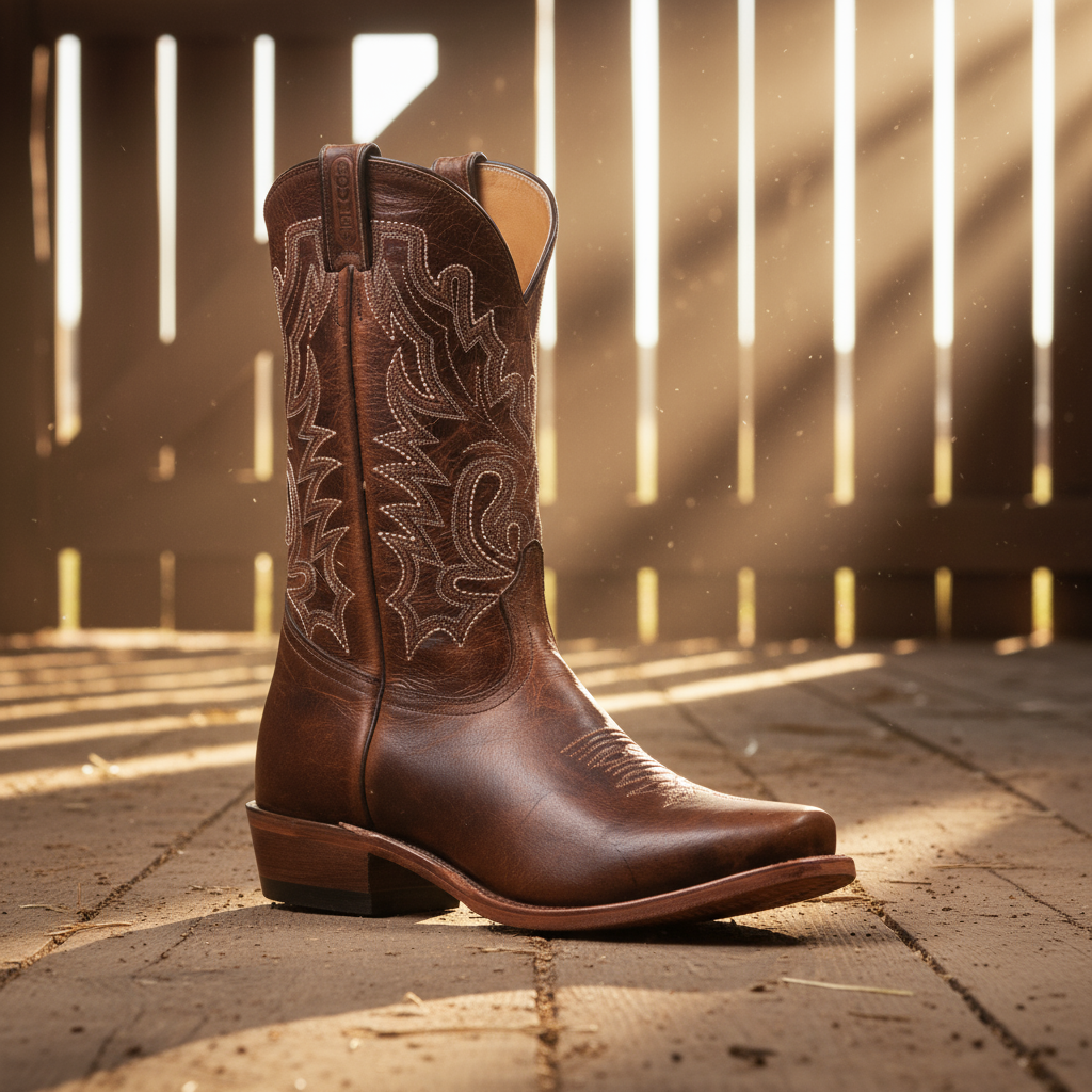 Image of Brown cowboy boot with intricate designs on a wooden floor