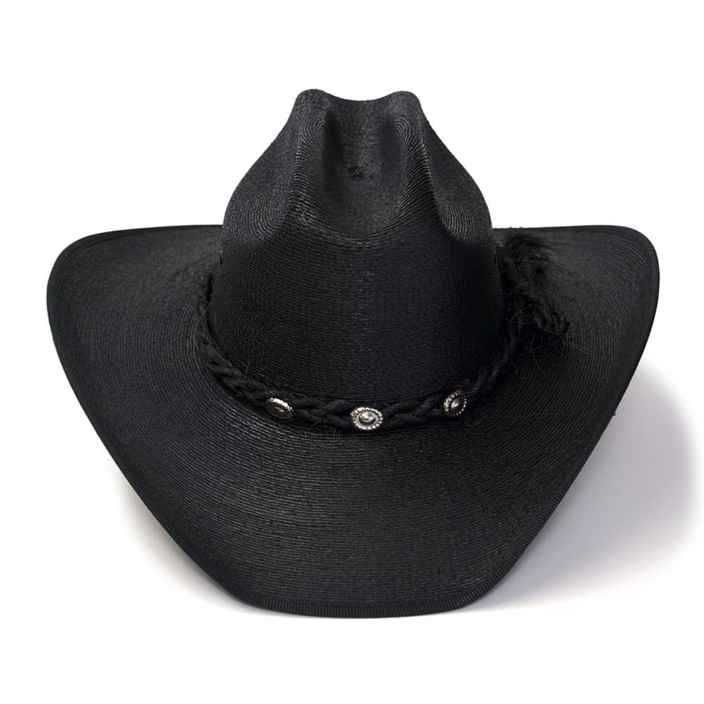Image of Black Palm Straw Western Hat with Cattleman Crease and Upturned Brim