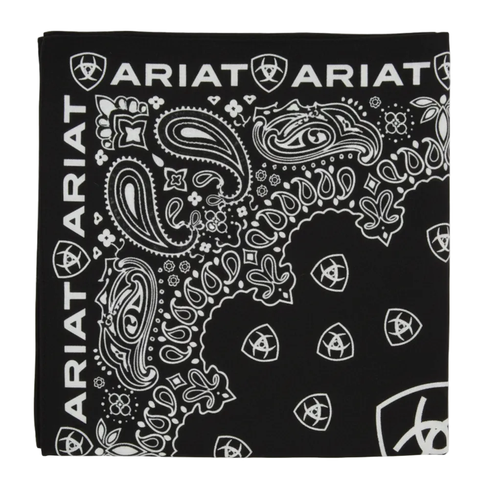 Image of A black bandana with a white paisley and floral print, featuring the brand name 'ARIAT' printed along the border.