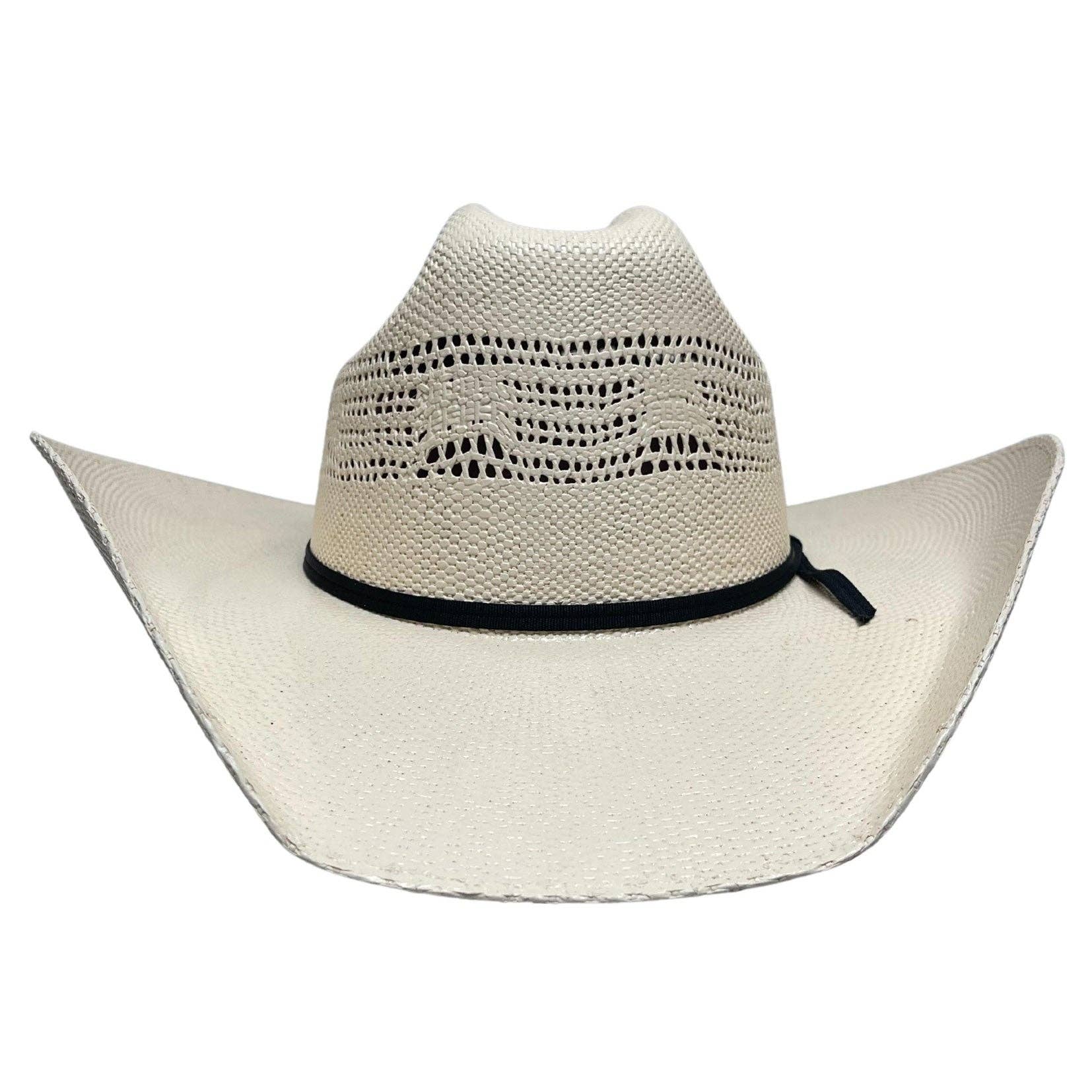 Image of Beige cowboy hat with a black band on a white background