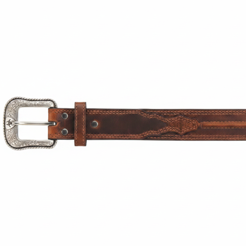 Image of Ceinture western en cuir brun avec boucle gravée argentée - A1019444