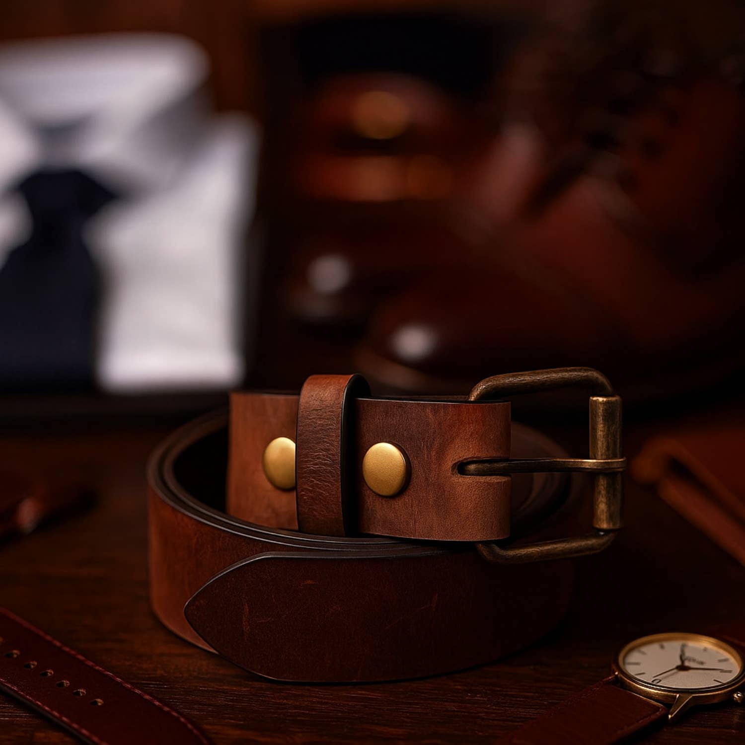 Image of Ceinture brune robuste en cuir pleine fleur avec boucle en laiton amovible