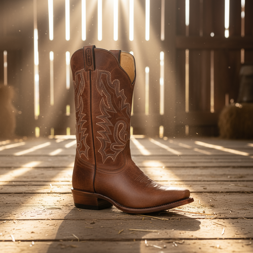 Image of Brown cowboy boot with intricate white stitching on a wooden floor with sunlight filtering through slats.