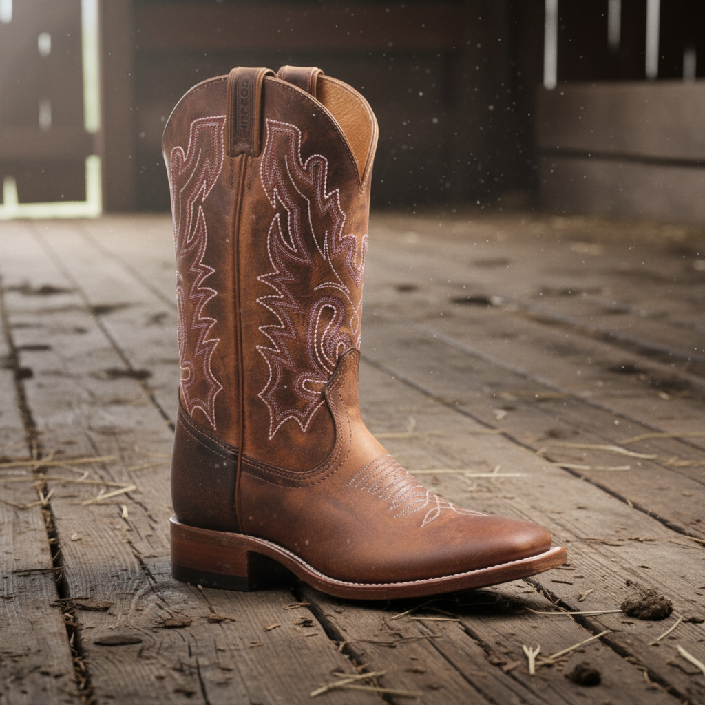 Image of Brown cowboy boot with white stitching on a white background