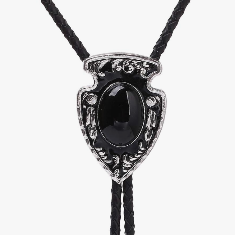 Image of Black and silver bolo tie on a white background