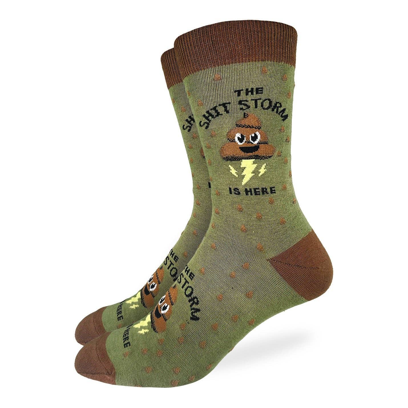 Image of Green socks with brown accents featuring a poop emoji and text on a white background